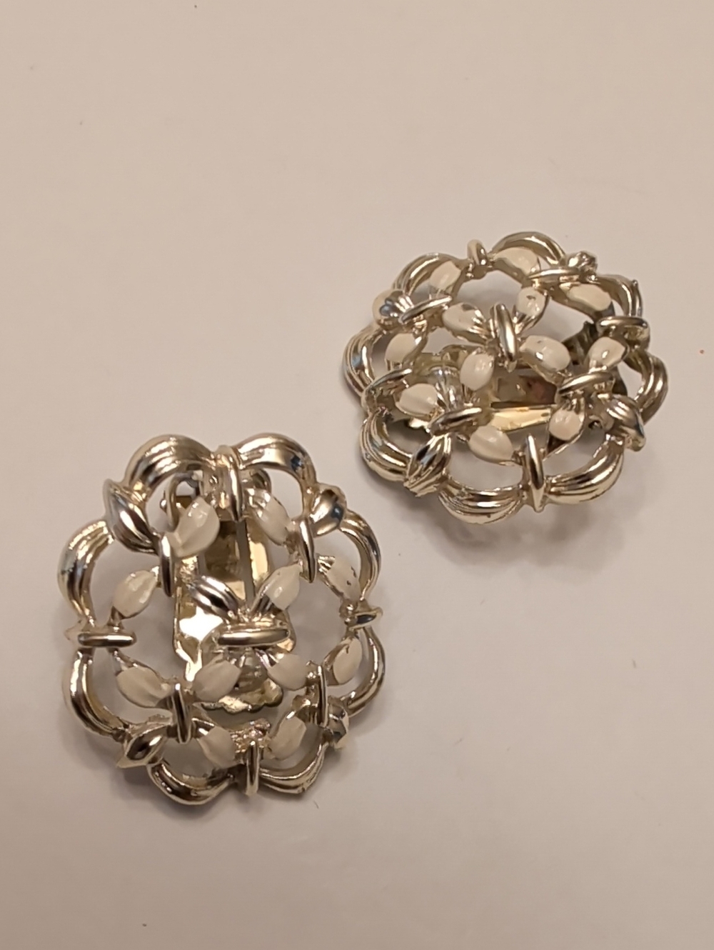 Silver-Tone Floral Clip-On Earrings with White Accents